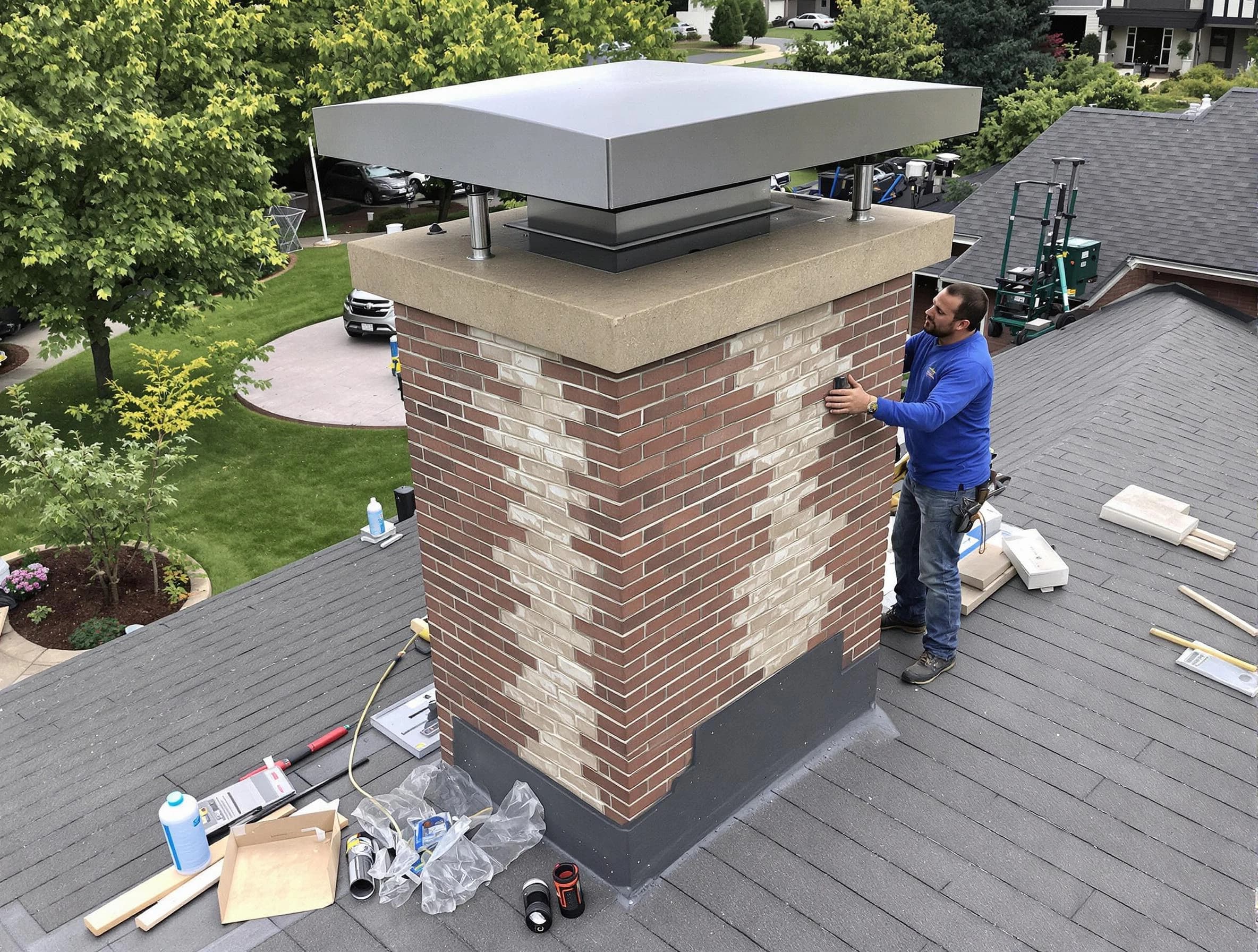 Methuen Town Chimney Sweep team working on a custom chimney remodel in Methuen Town, MA