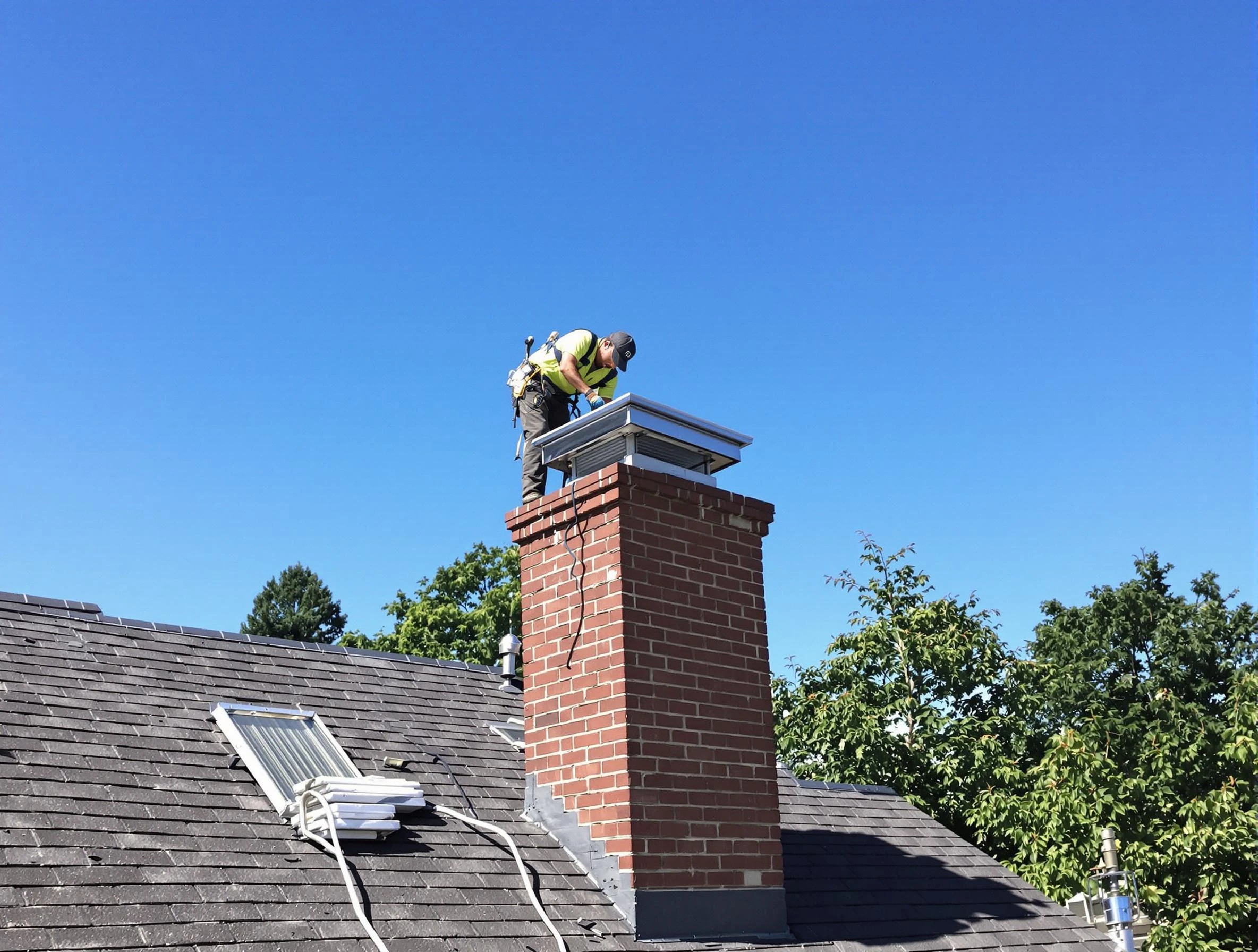 Methuen Town Chimney Sweep technician measuring a chimney cap in Methuen Town, MA